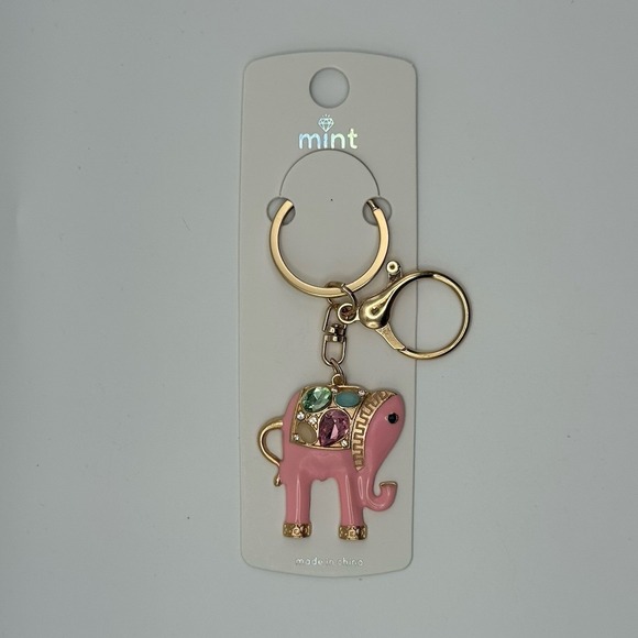Pink Elephant Rhinestone Gold Key Chain Purse Backpack Charm Keychain - Picture 3 of 3